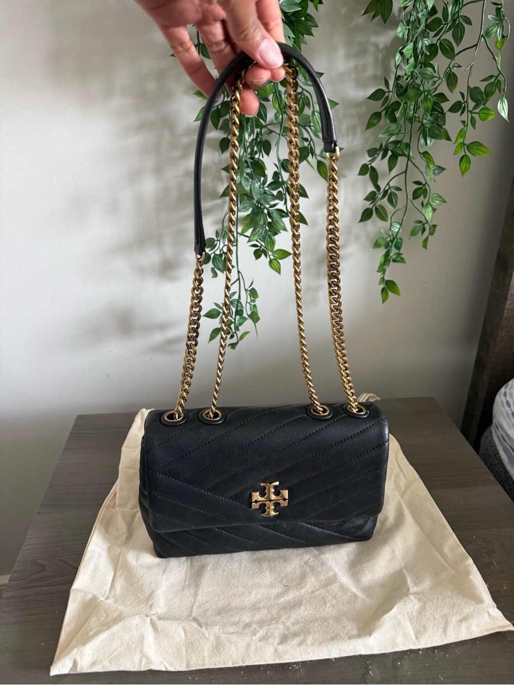 SOLD: Tory Burch Black Kira Quilted Leather Shoulder Bag with Gold Chain